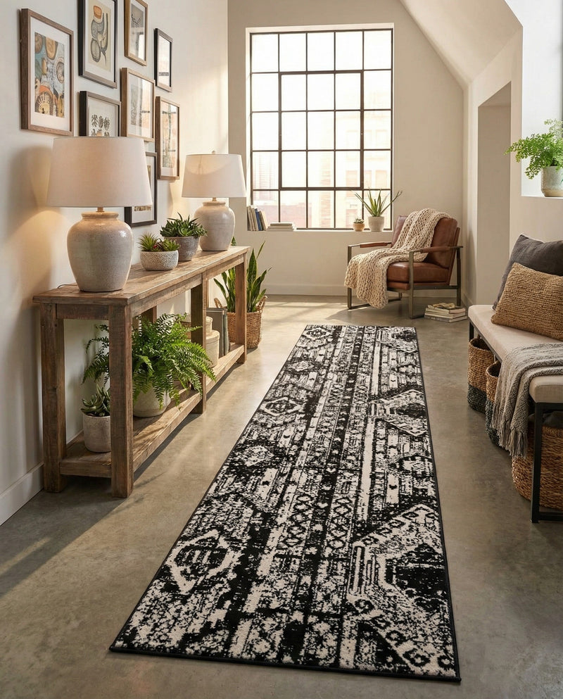 Cascade Range Collection Area Rug - Hood (Black and White) Runner Black and White  lifestyle 70