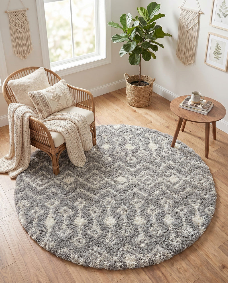 Berber Lattice Shag Collection Area Rug - Atlas (Gray) Round Gray  lifestyle 68