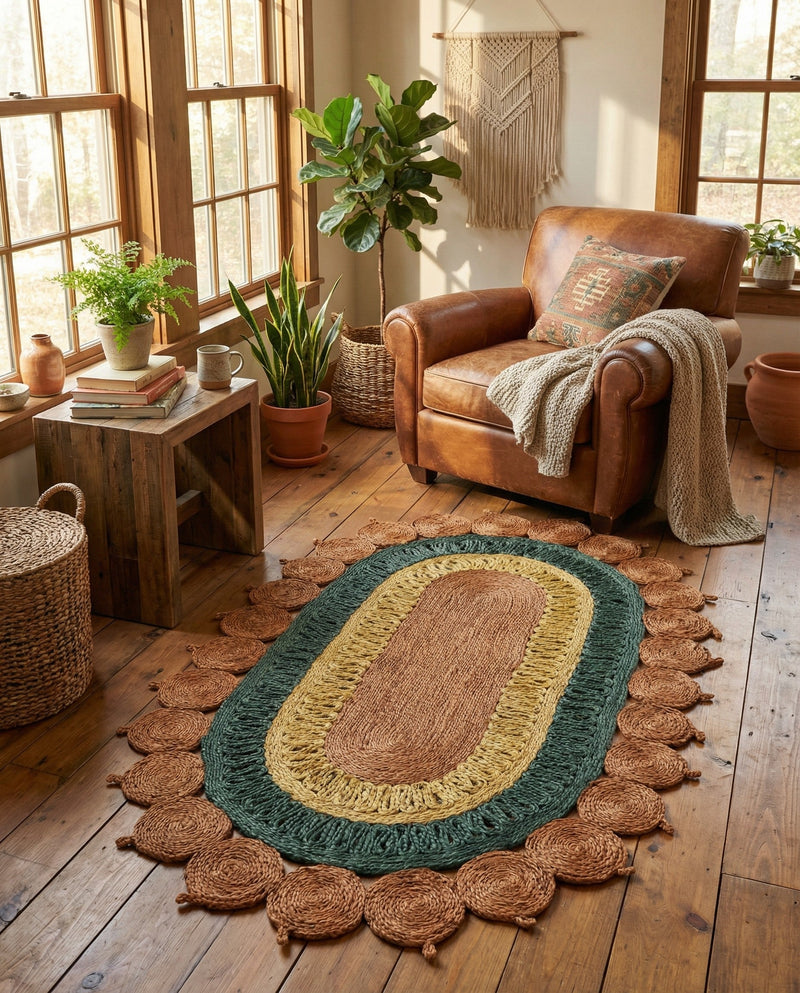 Woven Seaside Jute Collection Area Rug - Coastalhaven (Orange Green Yellow) Oval Orange Green Yellow  lifestyle 31