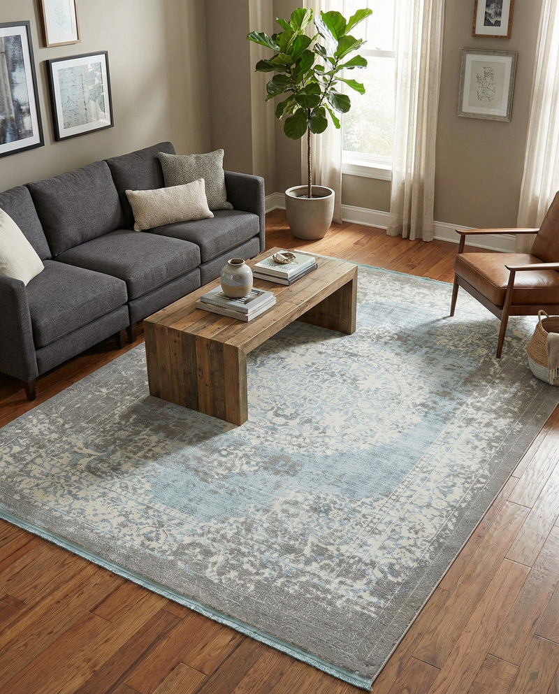 Rustic Charm Revival Collection Area Rug -  Meadowland Rectangle Light Blue  lifestyle 48