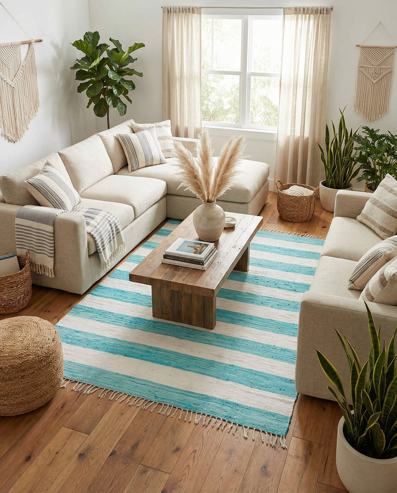 Tassel Trail Collection Area Rug - Pathway (Turquoise and Ivory) Rectangle Turquoise and Ivory  lifestyle 4