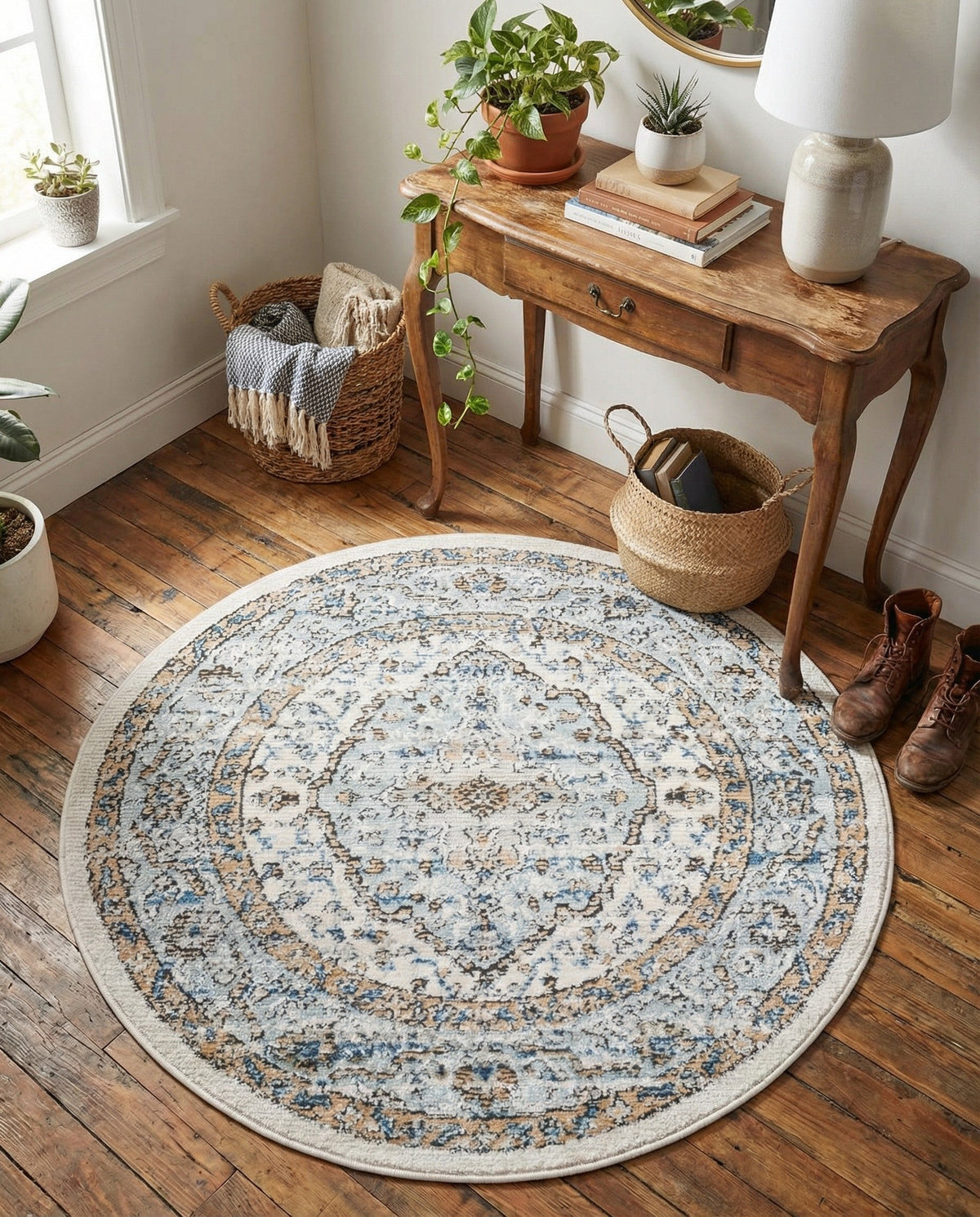 Mykonos Manor Collection Area Rug - Delos Round Blue  lifestyle 121