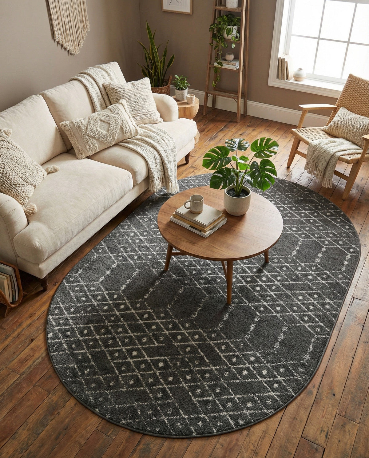 Marrakesh Lattice Collection Area Rug - Casablanca (Charcoal Gray) Oval Charcoal Gray  lifestyle 64