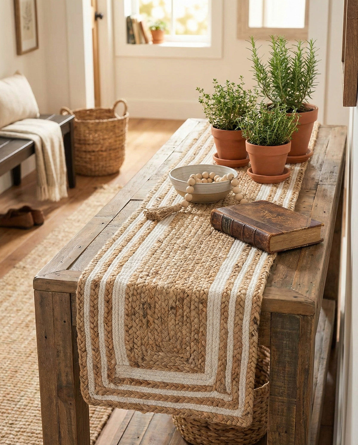 Woven Seaside Jute Collection Area Rug - Nantucket Table Runner Natural and White  lifestyle 116
