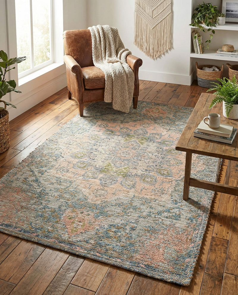 Savannah Threads Collection Area Rug -  Gobi Rectangle Blue and Peach  lifestyle 19