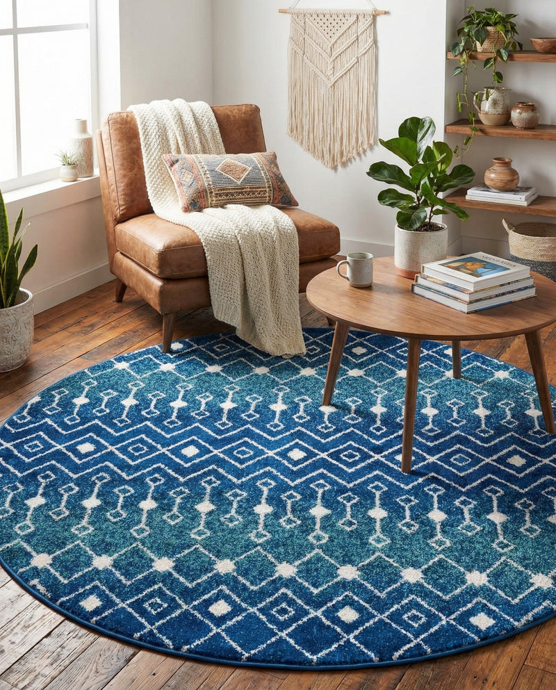 Mediterranean Lattice Collection Area Rug - Santorini (Navy and Teal) Round Navy and Teal  lifestyle 64