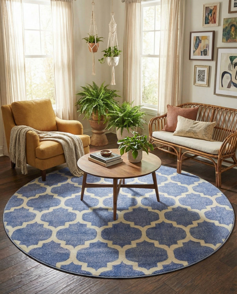 Lattice Gardens Collection Area Rug -  Bloomfield (Light Blue) Round Light Blue  lifestyle 52