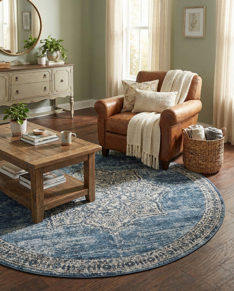 Mykonos Manor Collection Area Rug -  Tinos (Blue) Round Blue  lifestyle 56