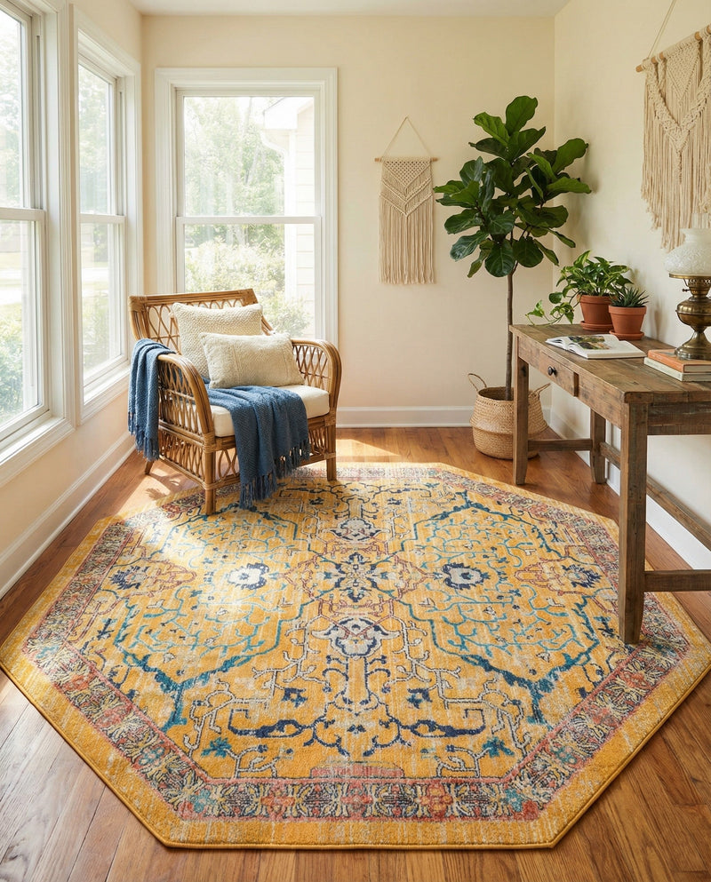 Seville Stripes Collection Area Rug -  Malaga (Yellow) Octagon Yellow  lifestyle 28