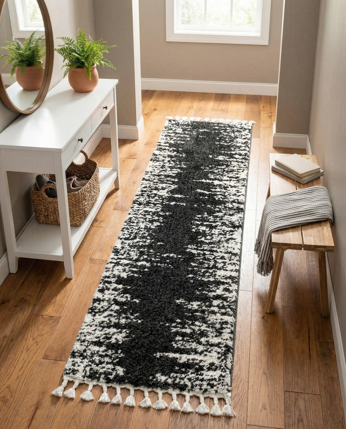 Tranquil Tides Shag Collection Area Rug - Marina Runner Black and White  lifestyle 193