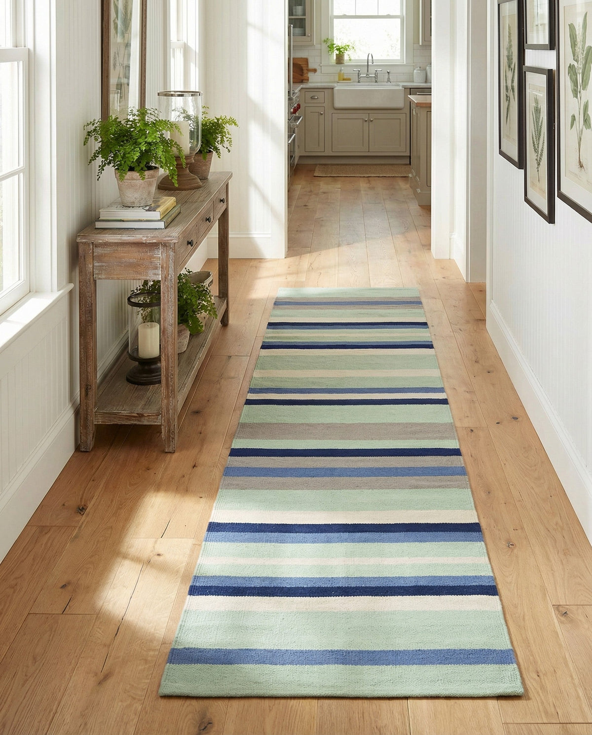 Coastal Stripe Dhurrie Collection Area Rug - Seashore Runner Aqua Blue and Gray  lifestyle 122