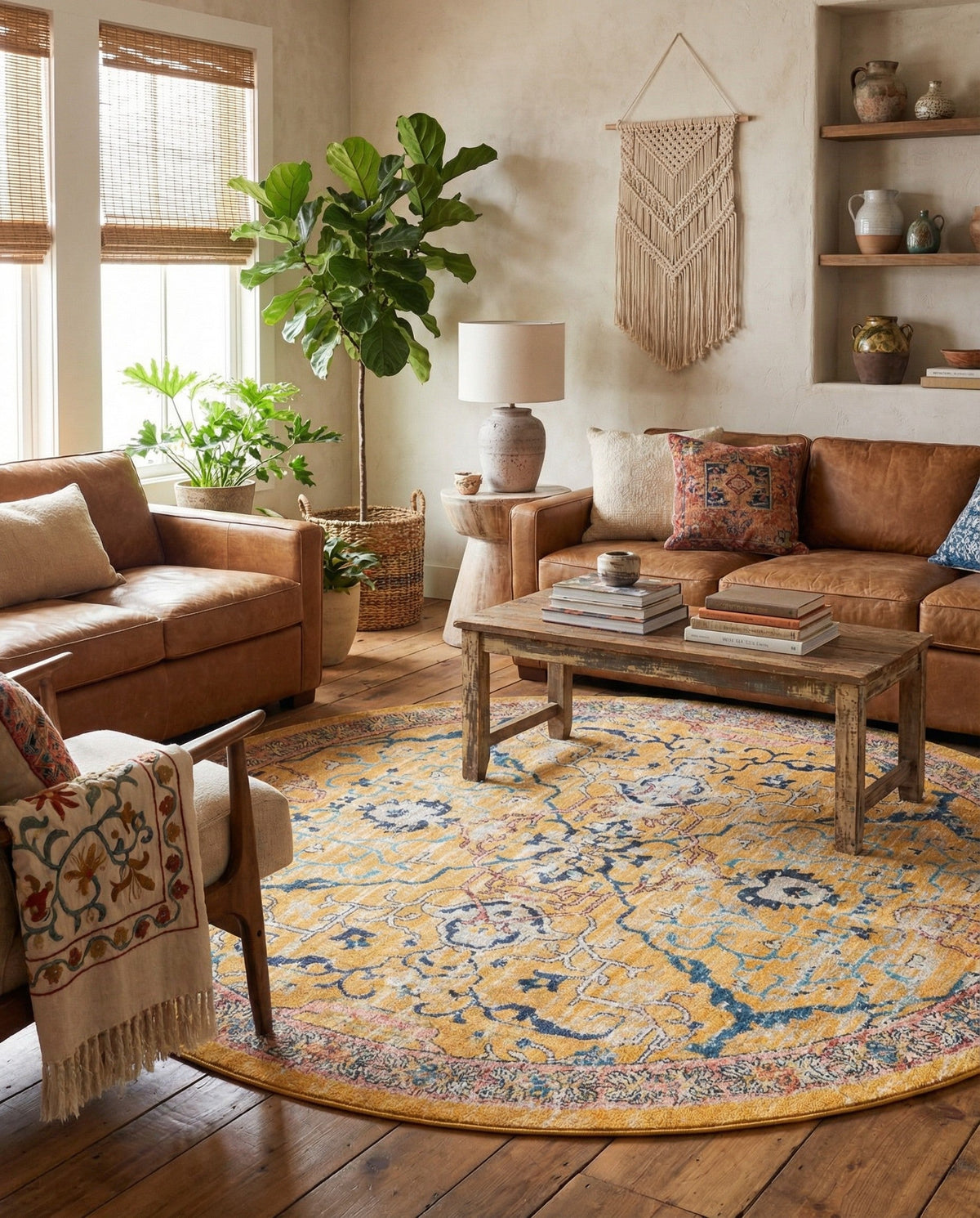 Seville Stripes Collection Area Rug -  Malaga (Yellow) Round Yellow  lifestyle 34