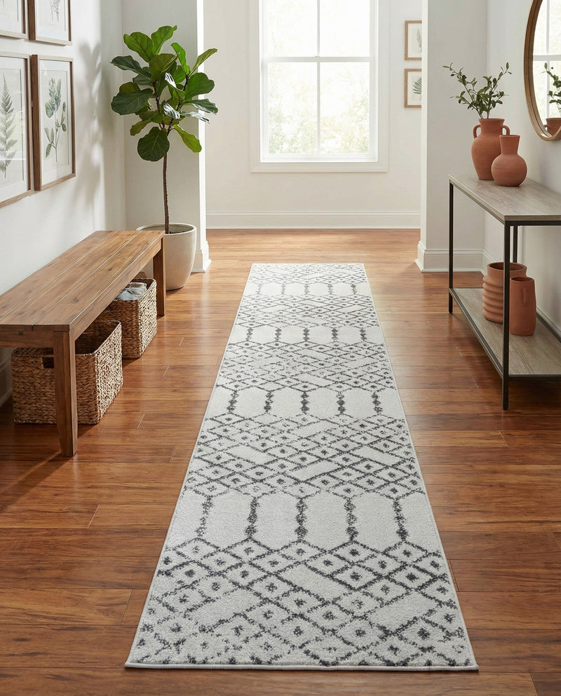 Marrakesh Lattice Collection Area Rug - Casablanca (Ivory Black) Runner Ivory Black  lifestyle 76