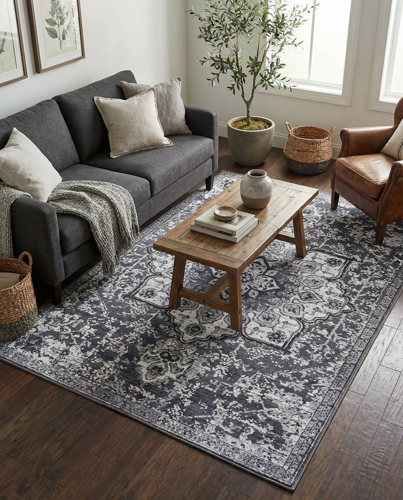 Baroque Era Collection Area Rug - Versailles (Dark Gray) Rectangle Dark Gray  lifestyle 6