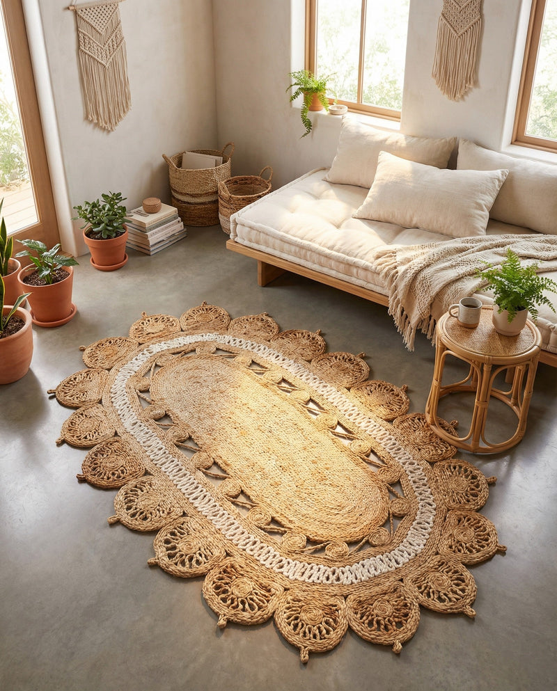 Woven Seaside Jute Collection Area Rug - Coastalhaven (Natural and White) Oval Natural and White  lifestyle 25