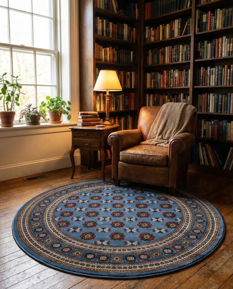 Samarkand Elegance Collection Area Rug -  Margilan (Blue) Round Blue  lifestyle 65