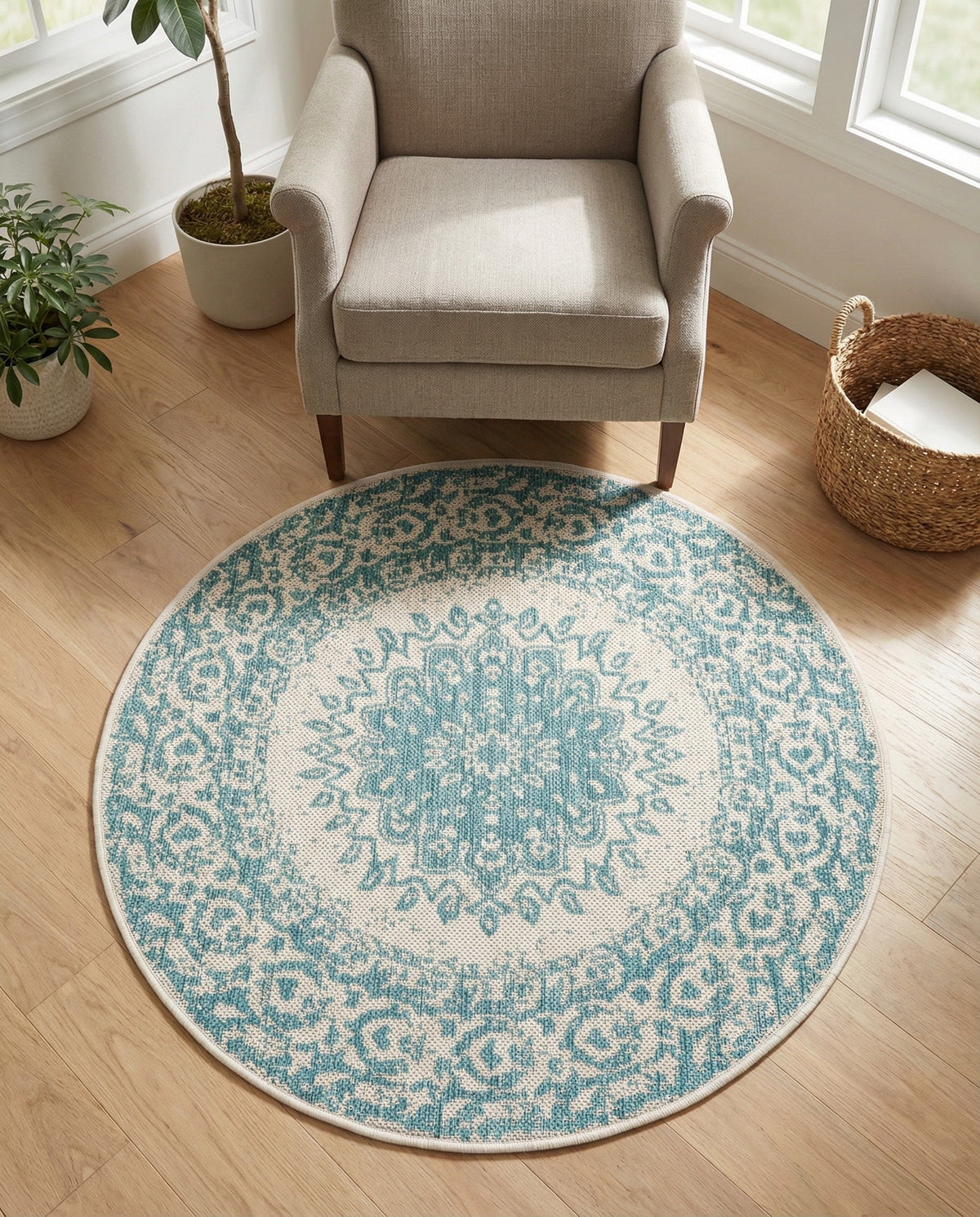 Patio Heritage Collection Area Rug -  Lafayette (Aqua) Round Aqua  lifestyle 84
