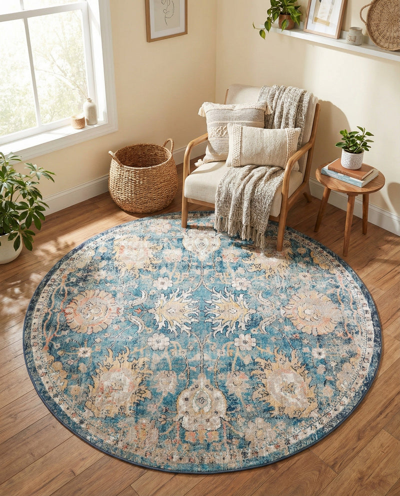 Seville Stripes Collection Area Rug -  Cordoba (Blue) Round Blue  lifestyle 62
