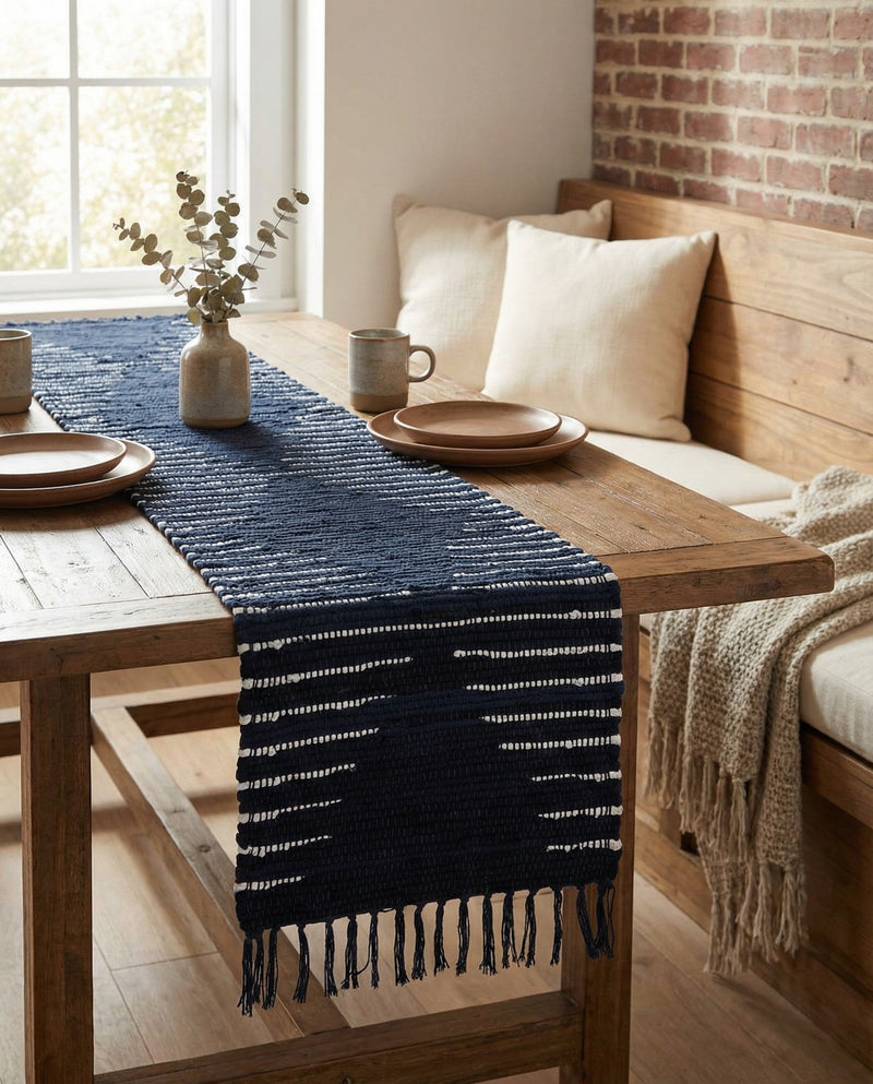 Thar Cotton Collection Area Rug - Jaisalmer (Navy Blue) Table Runner Navy Blue  lifestyle 56