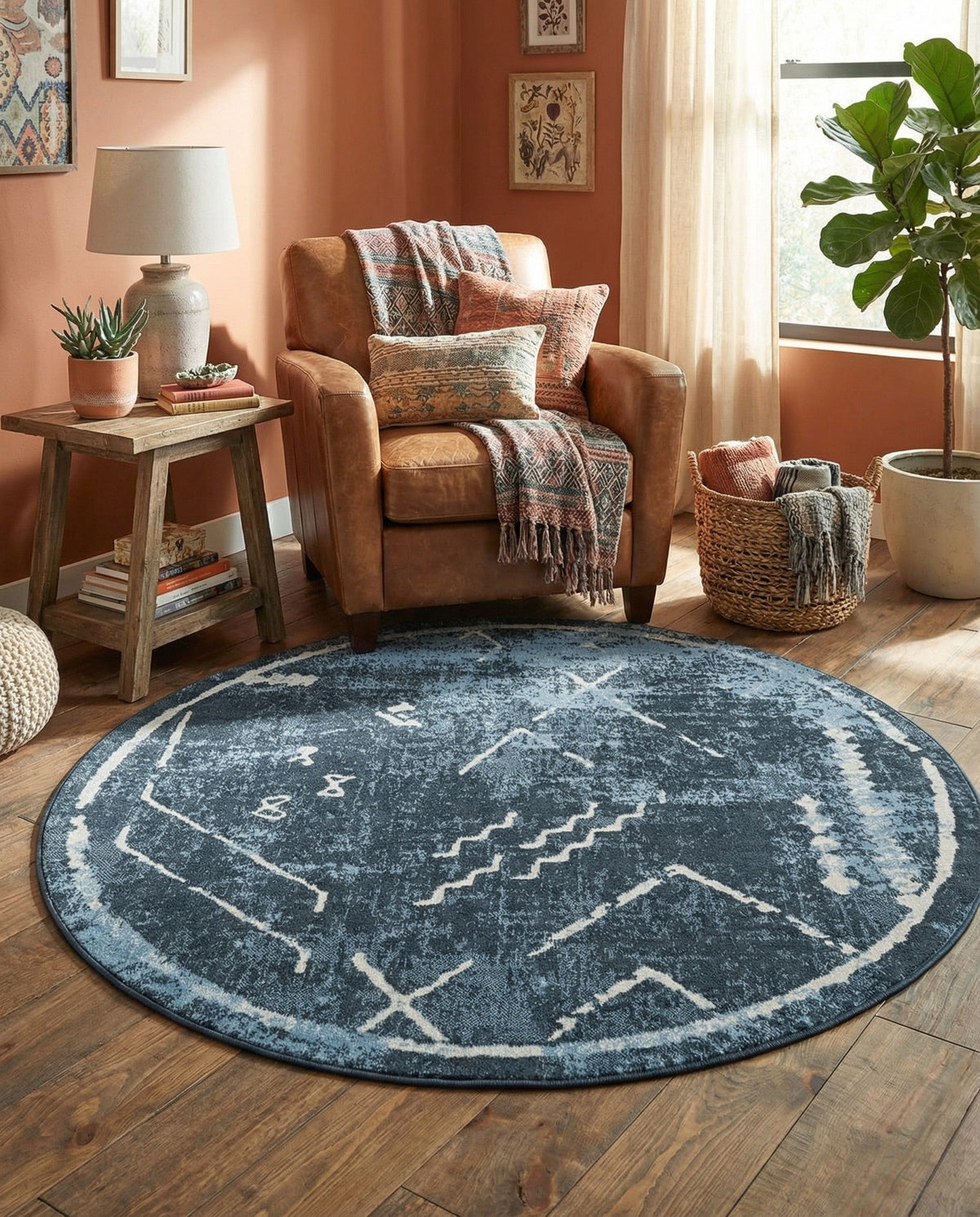 Aegean Elegance Washables Collection Area Rug - Santorini Round Navy Blue  lifestyle 133