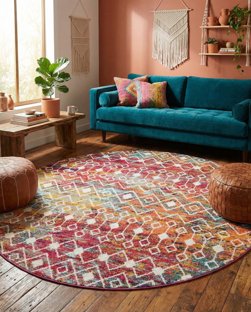 Mediterranean Lattice Collection Area Rug - Santorini (Multi) Round Multi  lifestyle 36