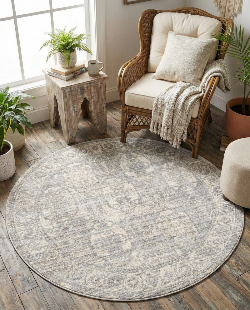 Seville Stripes Collection Area Rug -  Granada (Gray) Round Gray  lifestyle 59