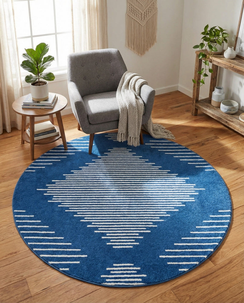 Seychelles Stripes Collection Area Rug - Mahe (Navy Blue) Round Navy Blue  lifestyle 22