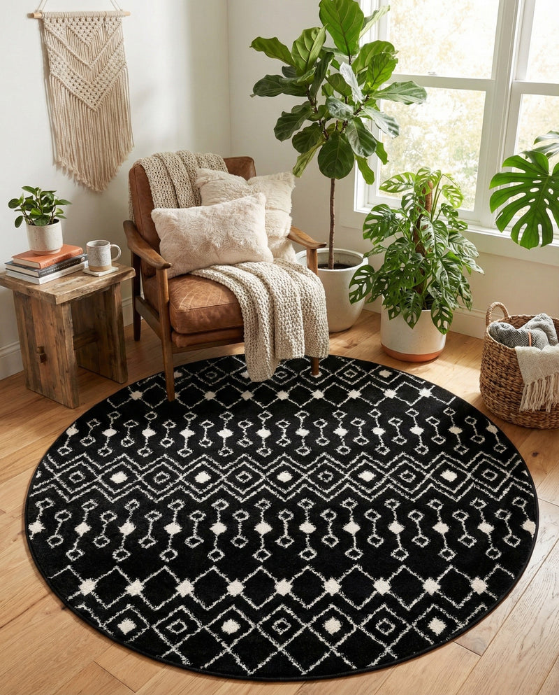 Mediterranean Lattice Collection Area Rug - Santorini (Black and White) Round Black and White  lifestyle 58