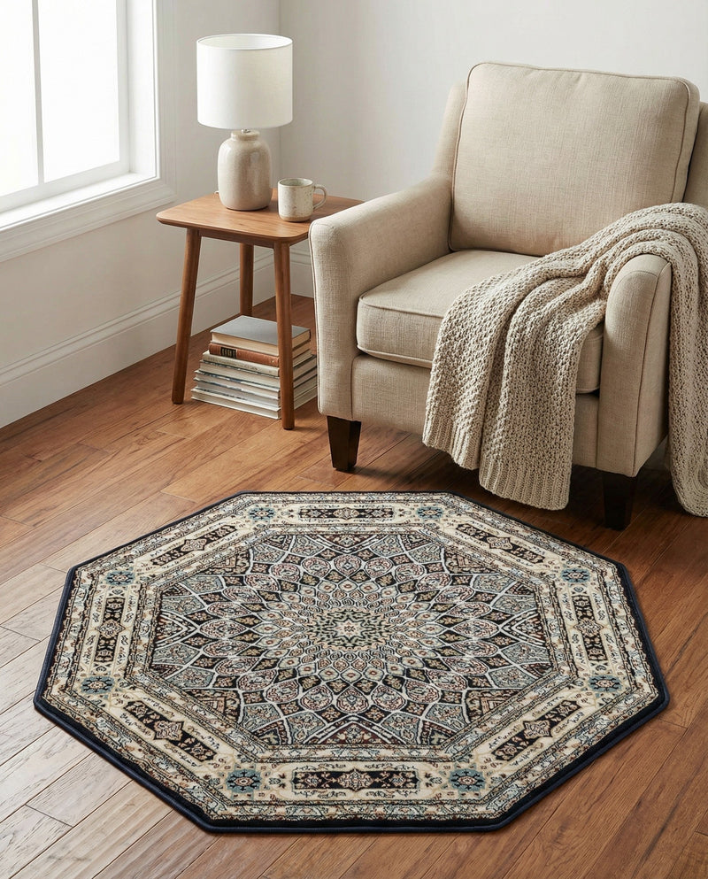 Persian Elegance Collection Area Rug -  Hamedan (Navy Blue) Octagon Navy Blue  lifestyle 91
