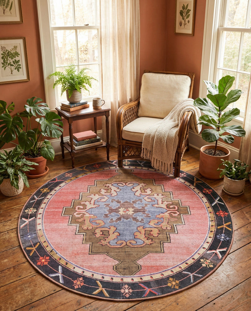 Heritage Elegance Collection Area Rug -  Winterthur (Pink) Round Pink  lifestyle 28