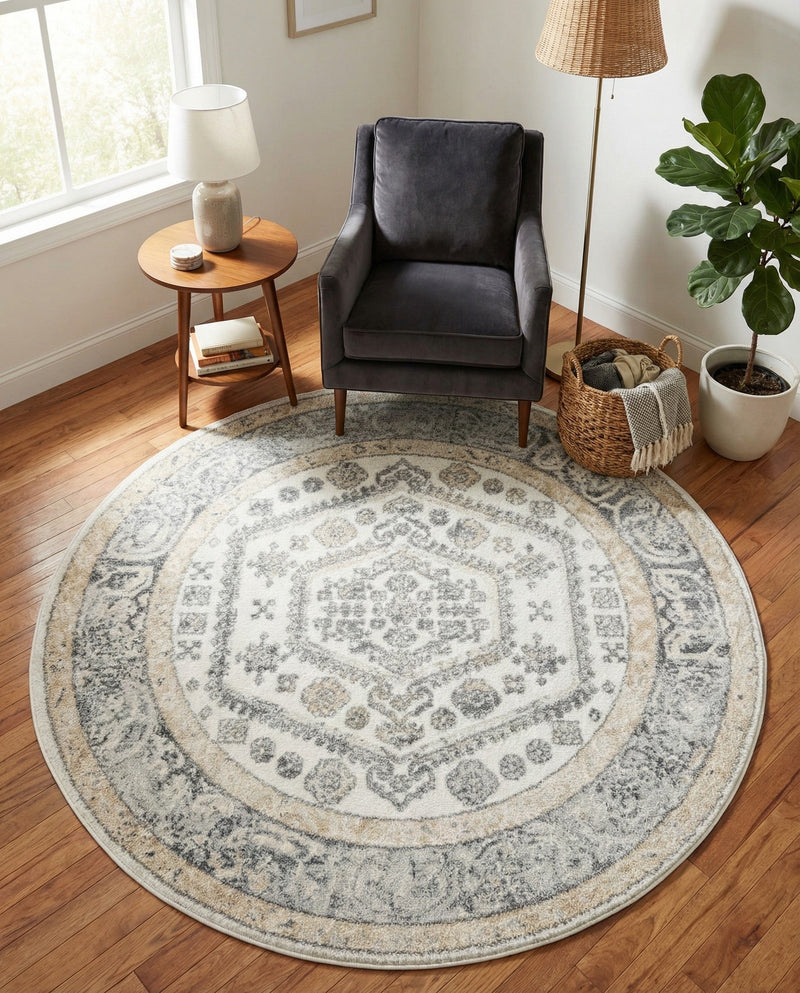 Adriana Terrace Collection Area Rug - Capri (Ivory) Round Ivory  lifestyle 69