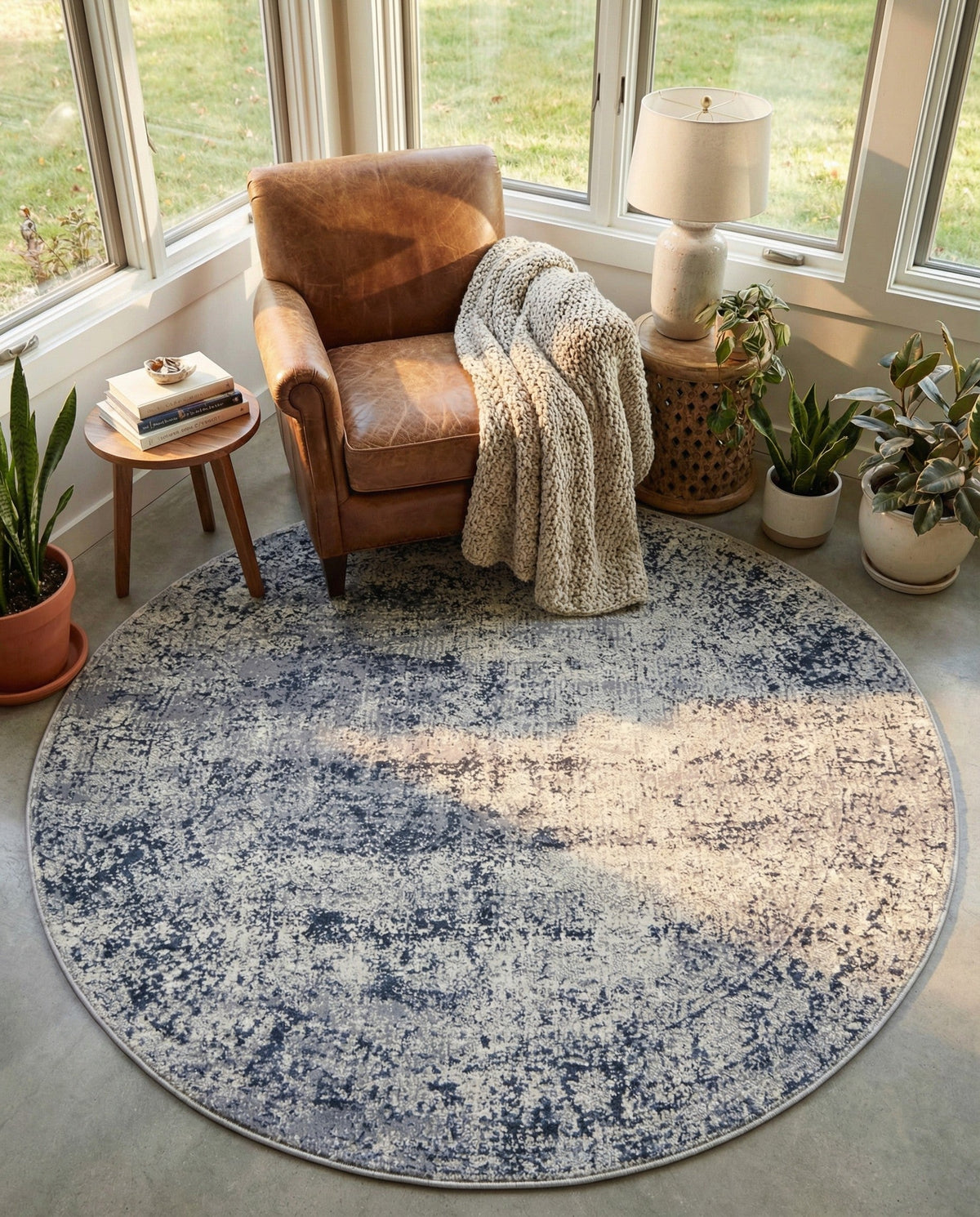 Coastal Manor Collection Area Rug -  Marina Round Blue Gray  lifestyle 120