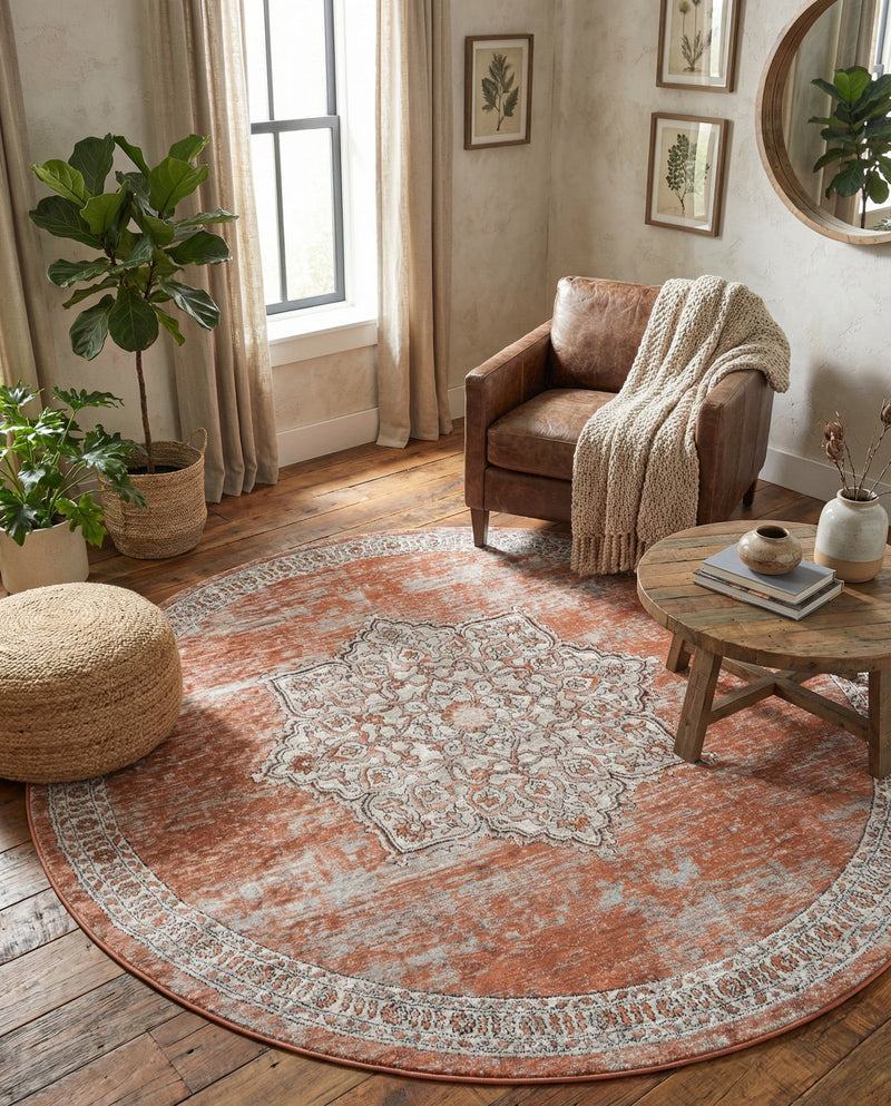 Mykonos Manor Collection Area Rug -  Tinos (Salmon Pink) Round Salmon Pink  lifestyle 68