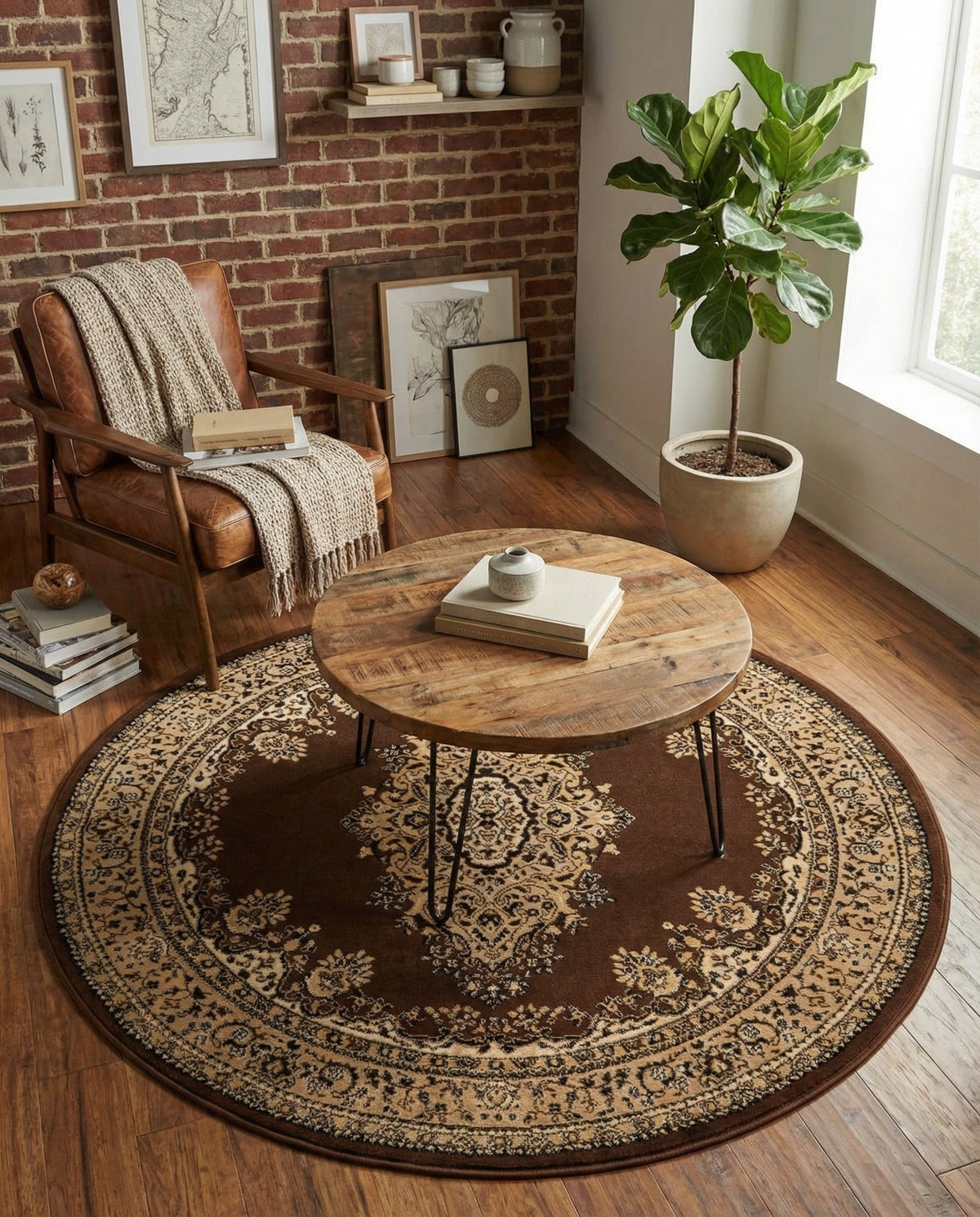 Tabriz Tapestry Collection Area Rug - Azerbaijan (Brown) Round Brown  lifestyle 55