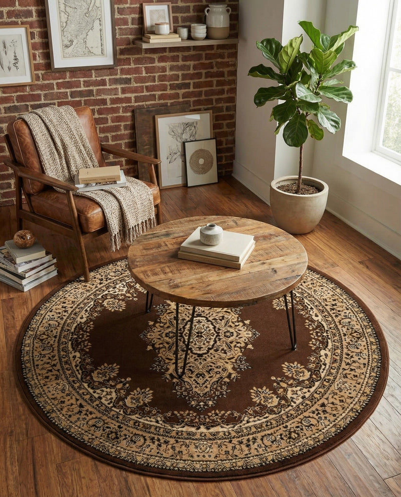 Tabriz Tapestry Collection Area Rug - Azerbaijan (Brown) Round Brown  lifestyle 55
