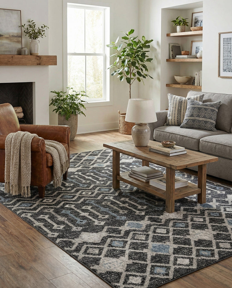Geo Garden Lattice Collection Area Rug -  Andalusia Rectangle Charcoal Gray  lifestyle 47