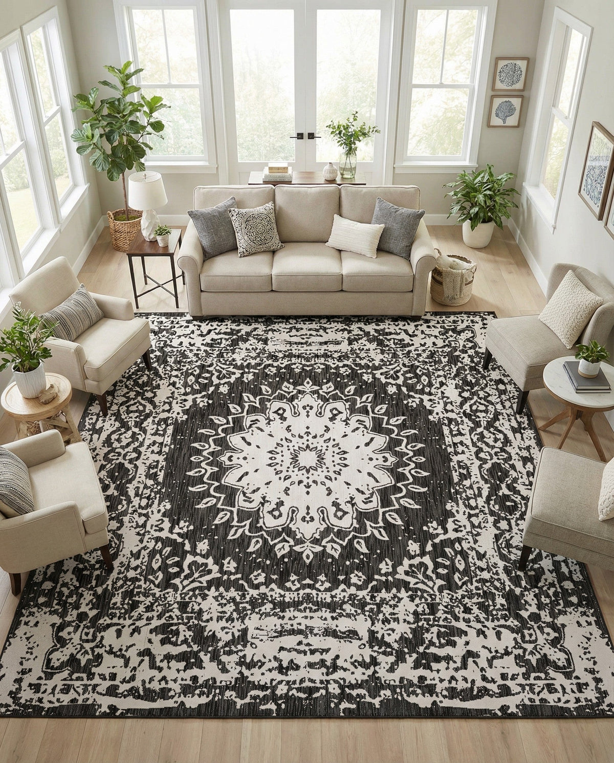 Patio Heritage Collection Area Rug -  Lafayette (Black and White) Square Black and White  lifestyle 79