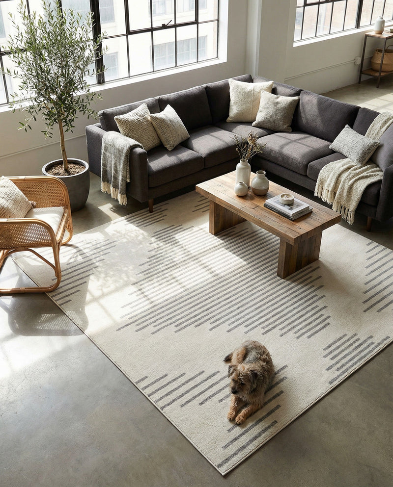 Seychelles Stripes Collection Area Rug - Mahe (Ivory and Gray) Square Ivory and Gray  lifestyle 23