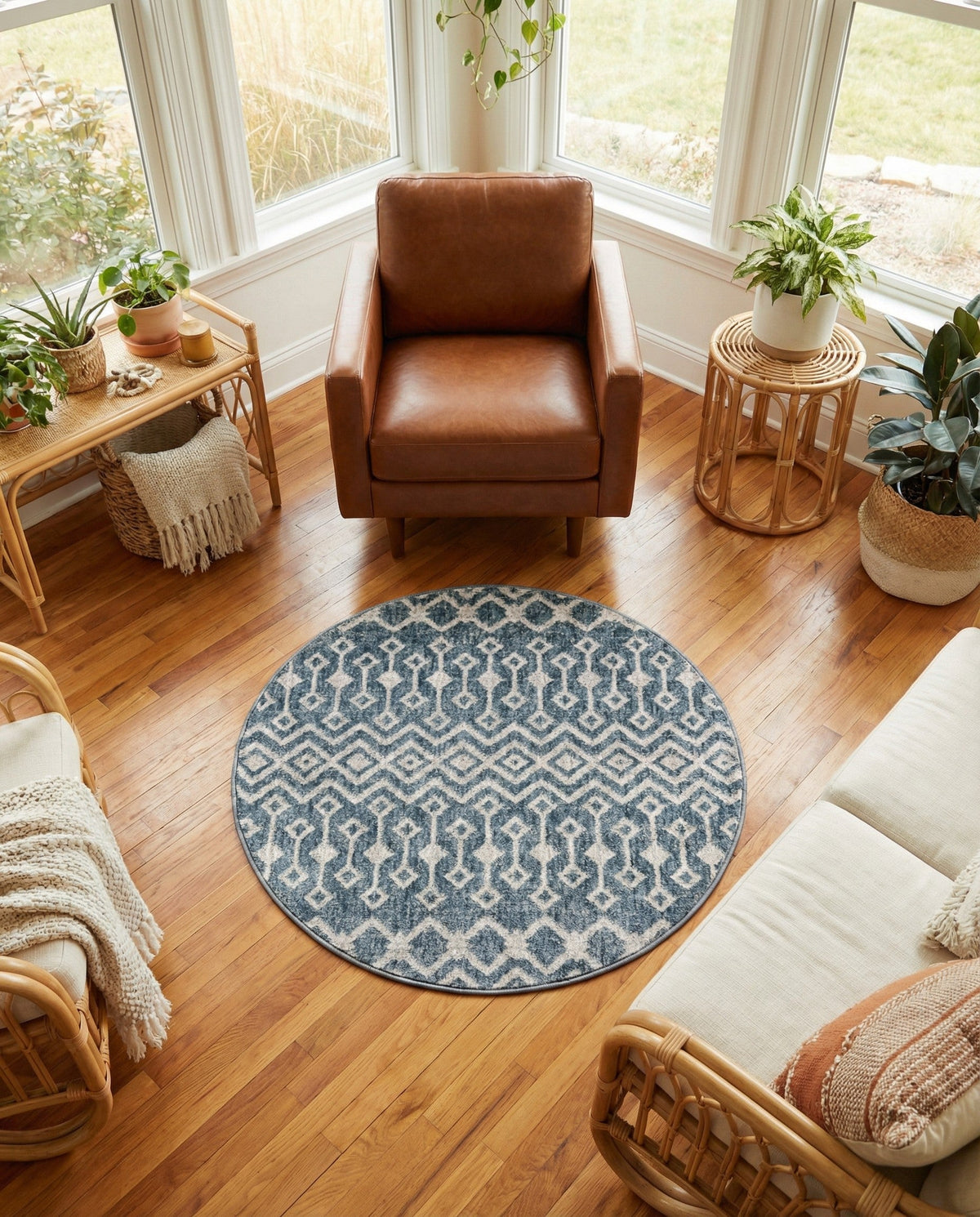 Geo Garden Lattice Collection Area Rug -  Andalusia Round Harbor Blue  lifestyle 211