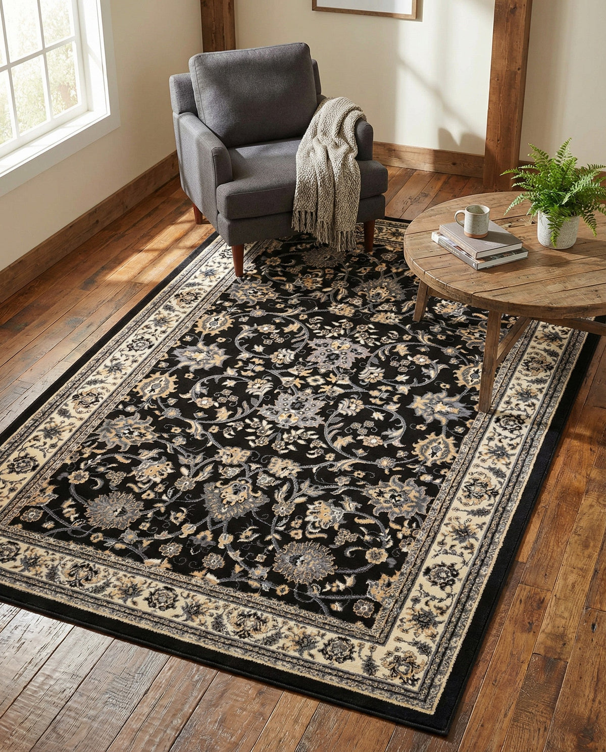 Isfahan Elegance Collection Area Rug - Naghsh-e Jahan (Black) Rectangle Black  lifestyle 33