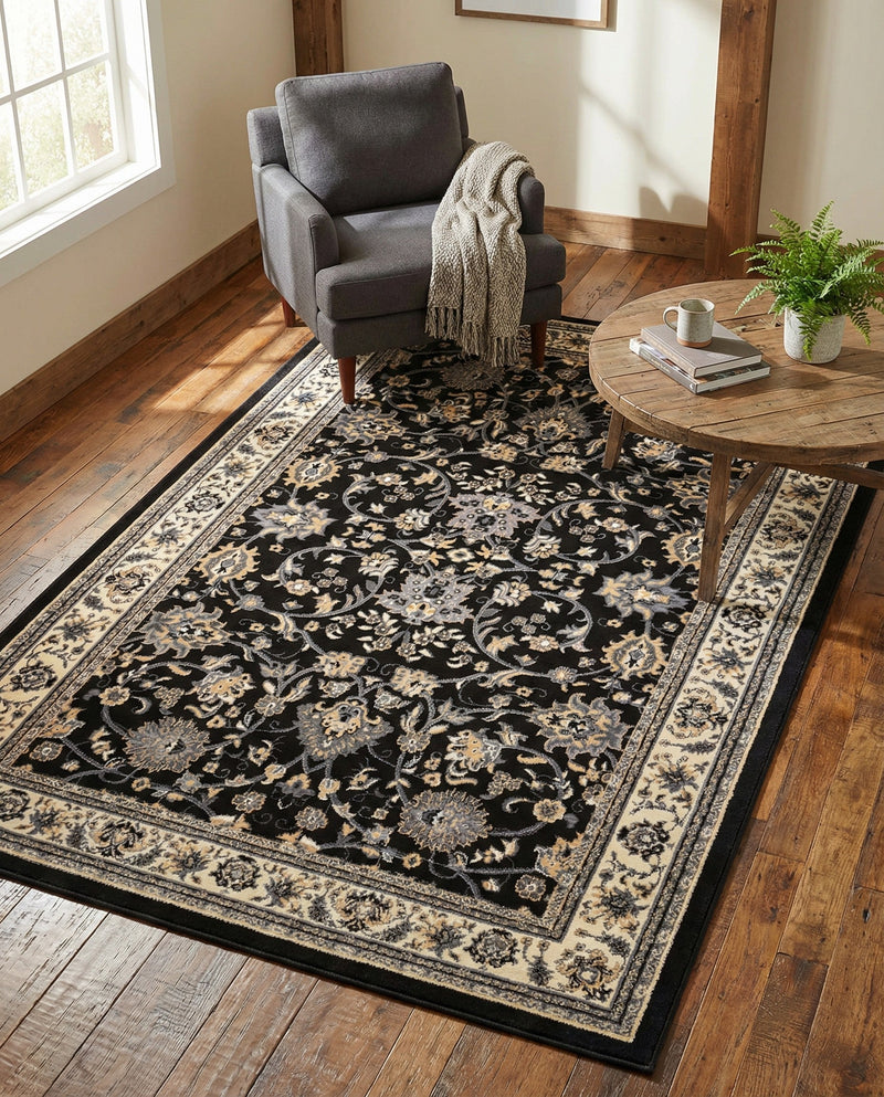 Isfahan Elegance Collection Area Rug - Naghsh-e Jahan (Black) Rectangle Black  lifestyle 33