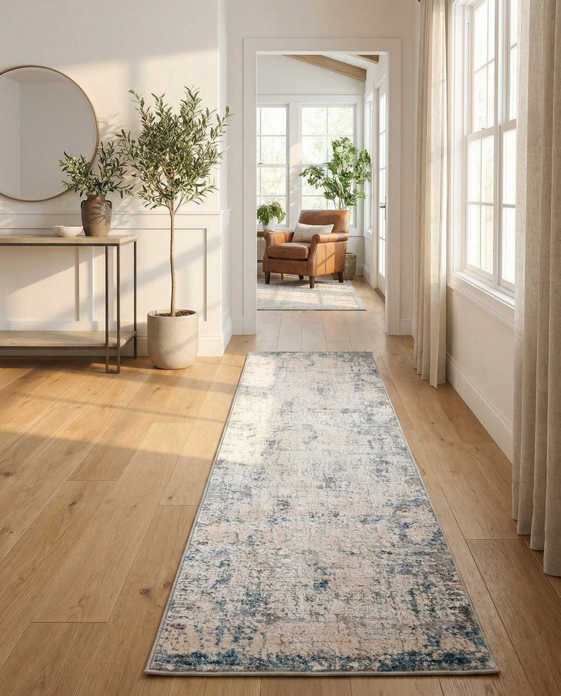 Aegean Elegance Collection Area Rug -  Milos Runner Gray Blue  lifestyle 66