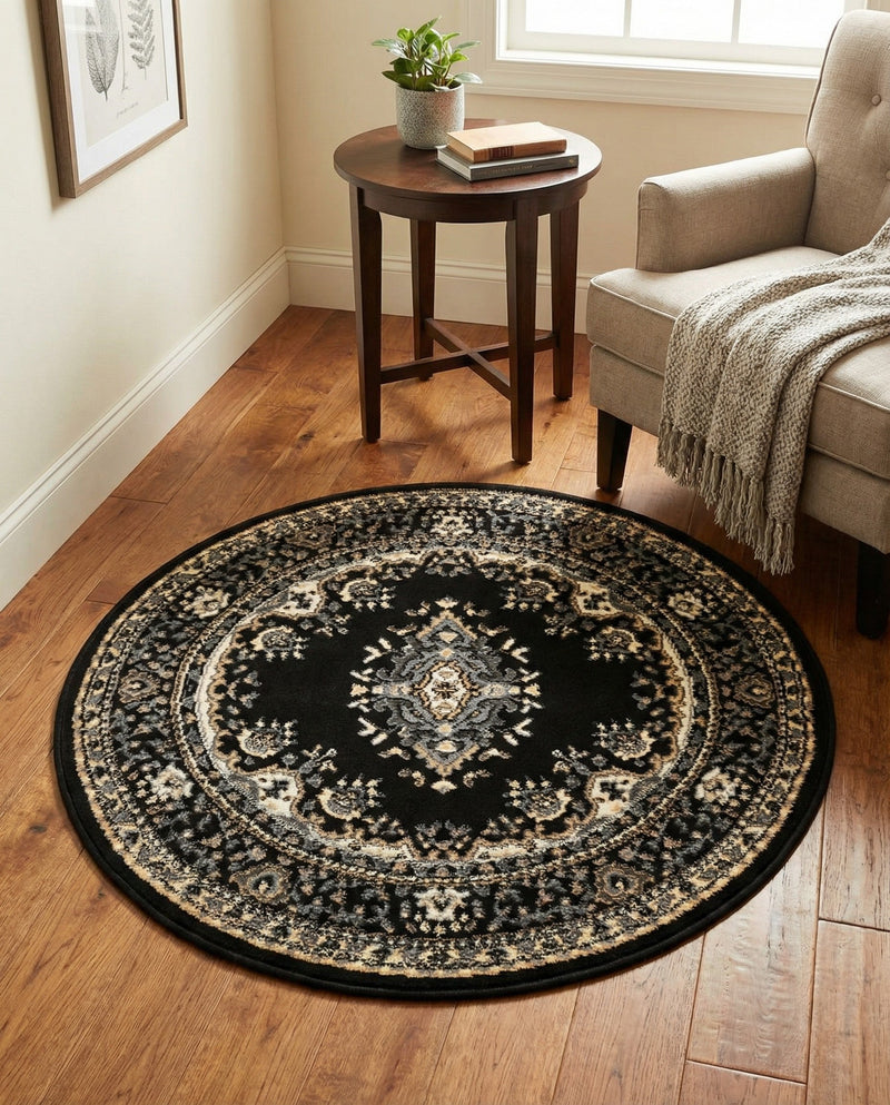 Tabriz Tapestry Collection Area Rug - Azerbaijan (Black) Round Black  lifestyle 69