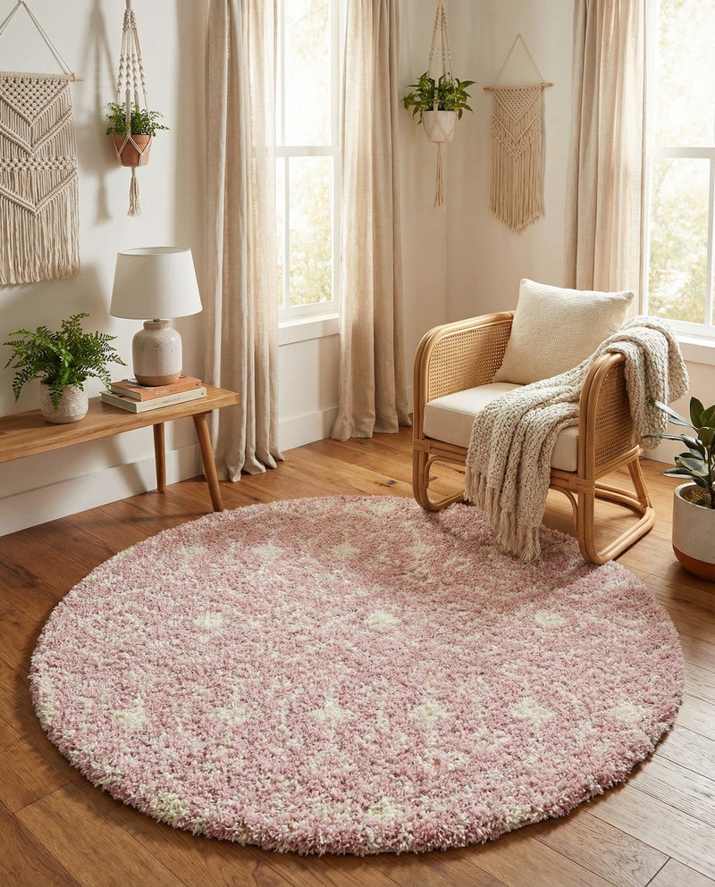 Berber Lattice Shag Collection Area Rug - Atlas (Light Pink) Round Light Pink  lifestyle 56