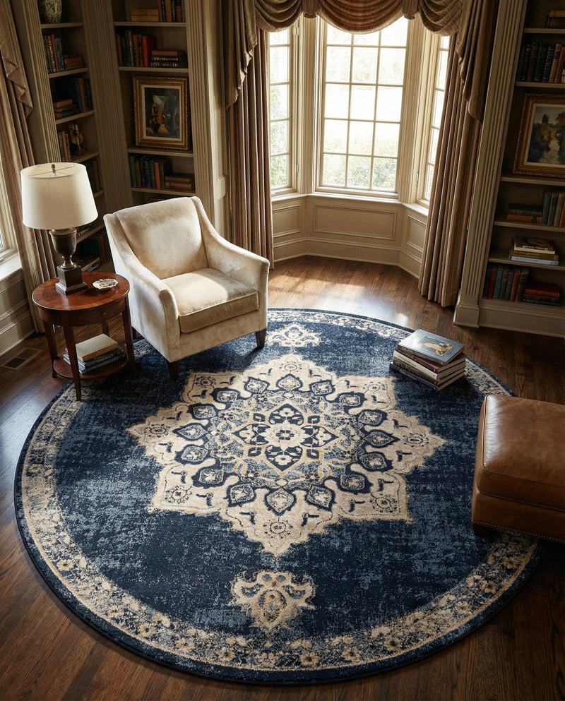 Eden Oasis Collection Area Rug -  Tranquility (Navy Blue) Round Navy Blue  lifestyle 40