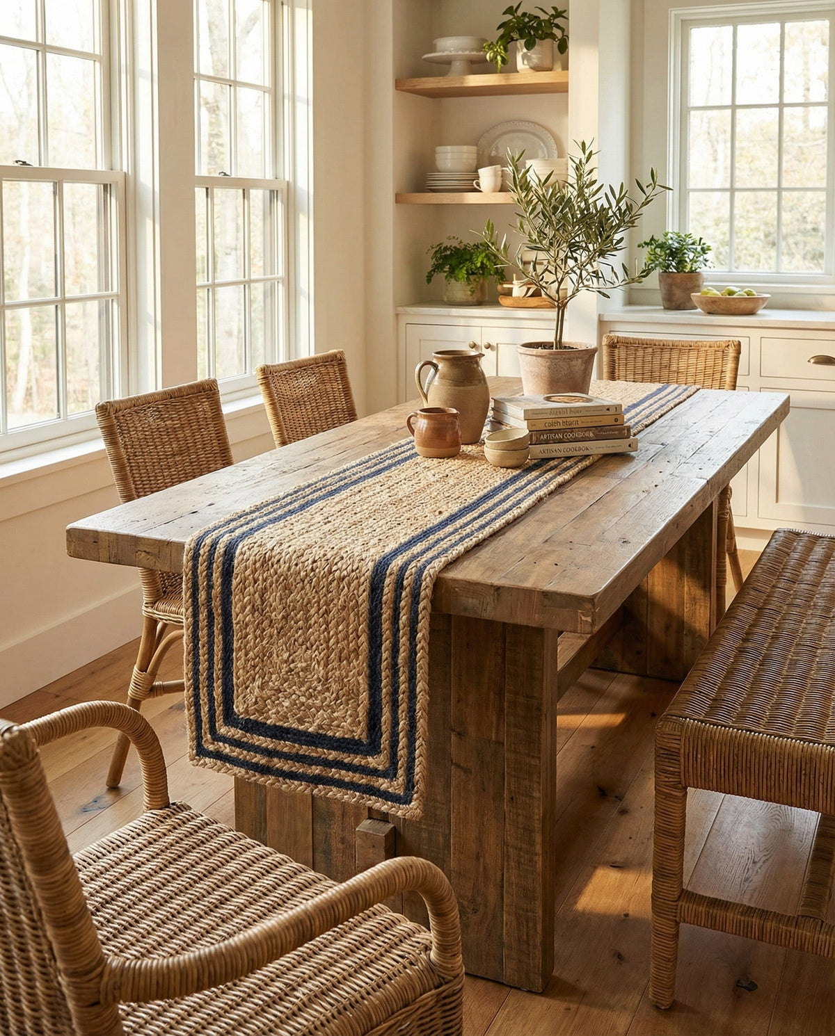 Woven Seaside Jute Collection Area Rug - Nantucket Table Runner Natural and Navy Blue  lifestyle 107