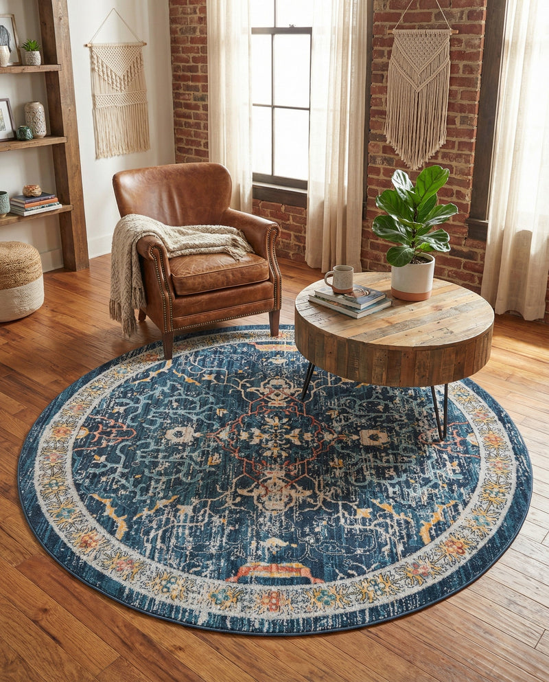 Seville Stripes Collection Area Rug -  Malaga (Navy Blue) Round Navy Blue  lifestyle 68
