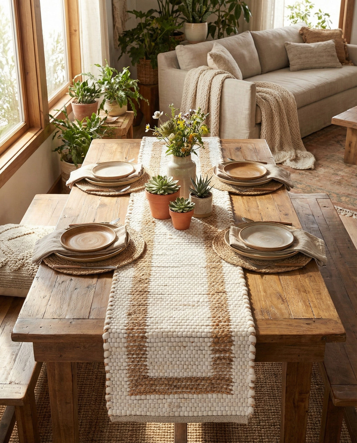 Osian Looms Collection Area Rug - Durham Table Runner White and Natural  lifestyle 184