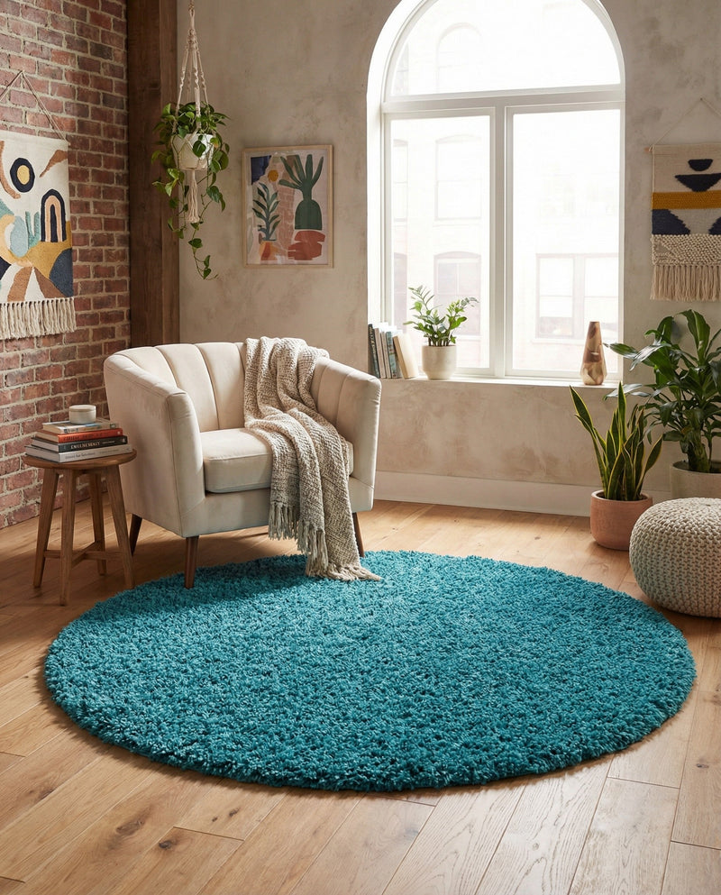 Plush Oasis Collection Area Rug - Serenity (Deep Aqua Blue) Round Deep Aqua Blue  lifestyle 70