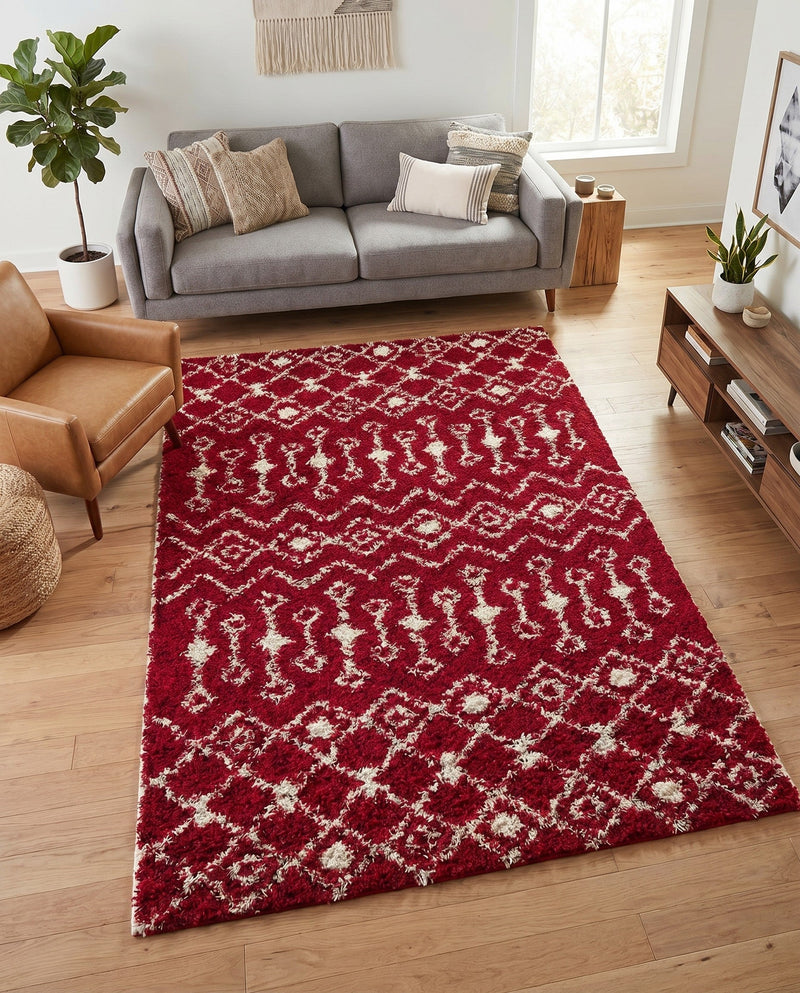 Berber Lattice Shag Collection Area Rug - Atlas (Burgundy Red) Rectangle Burgundy Red  lifestyle 12